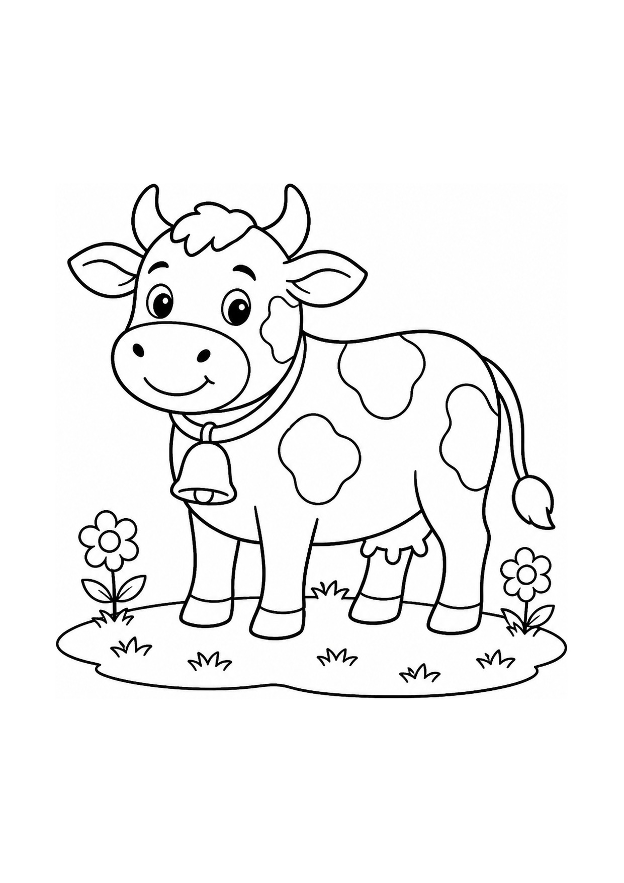 Disegno di una mucca da colorare con il campanaccio in un prato fiorito
