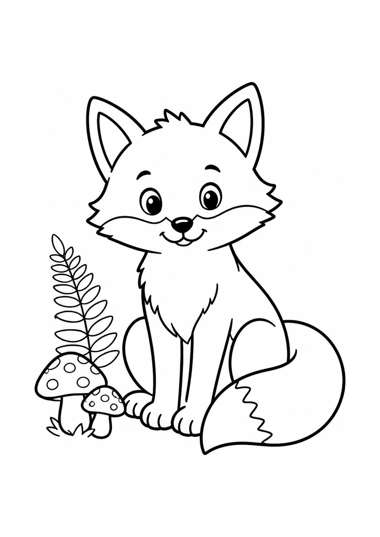 Disegno di una volpe da colorare nel bosco con funghi e felce