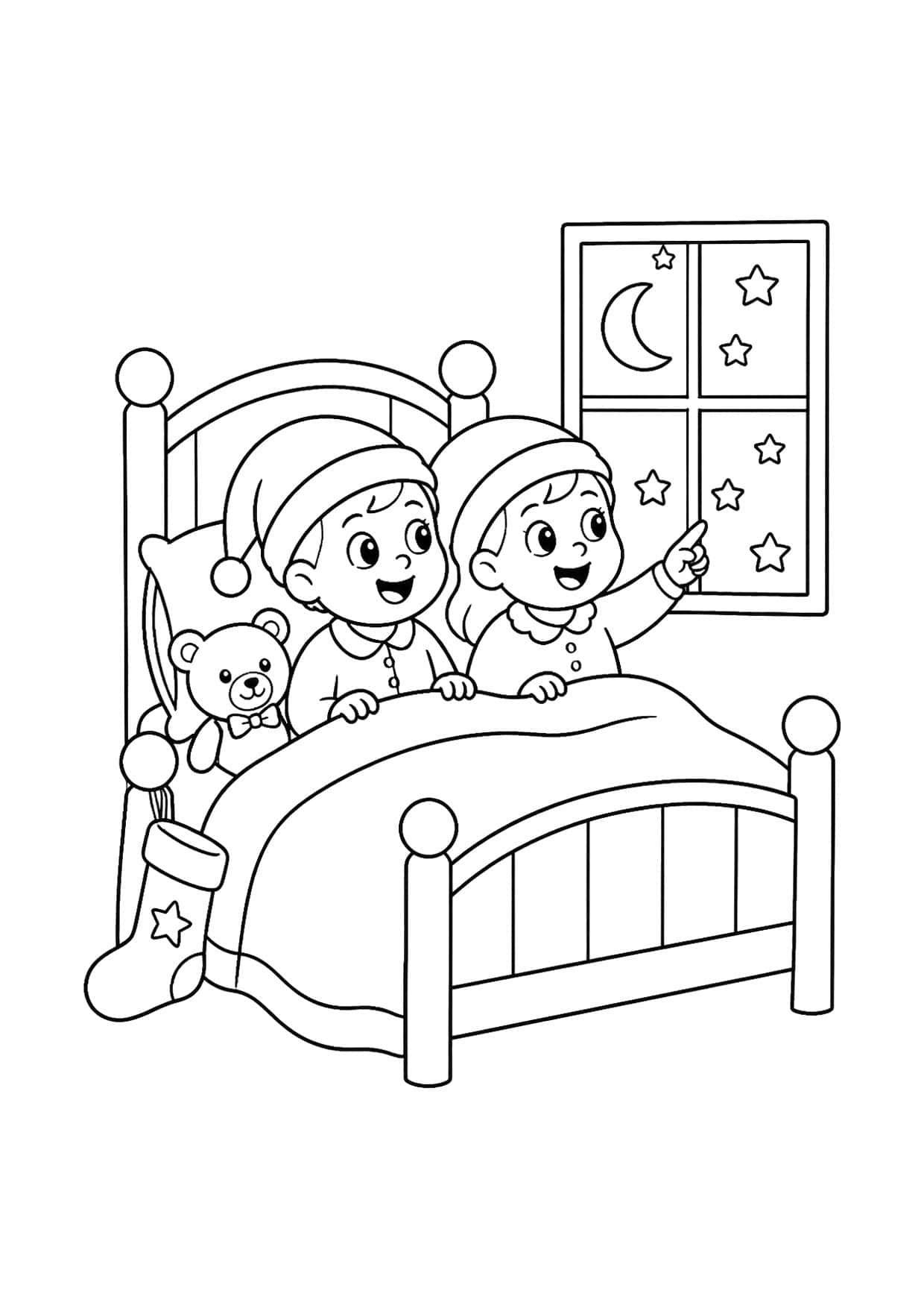 Disegno della Befana da colorare: due bambini a letto che aspettano la Befana