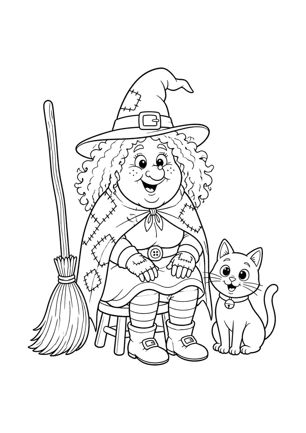 Disegno della Befana da colorare: la Befana seduta con il suo gatto nero e la scopa