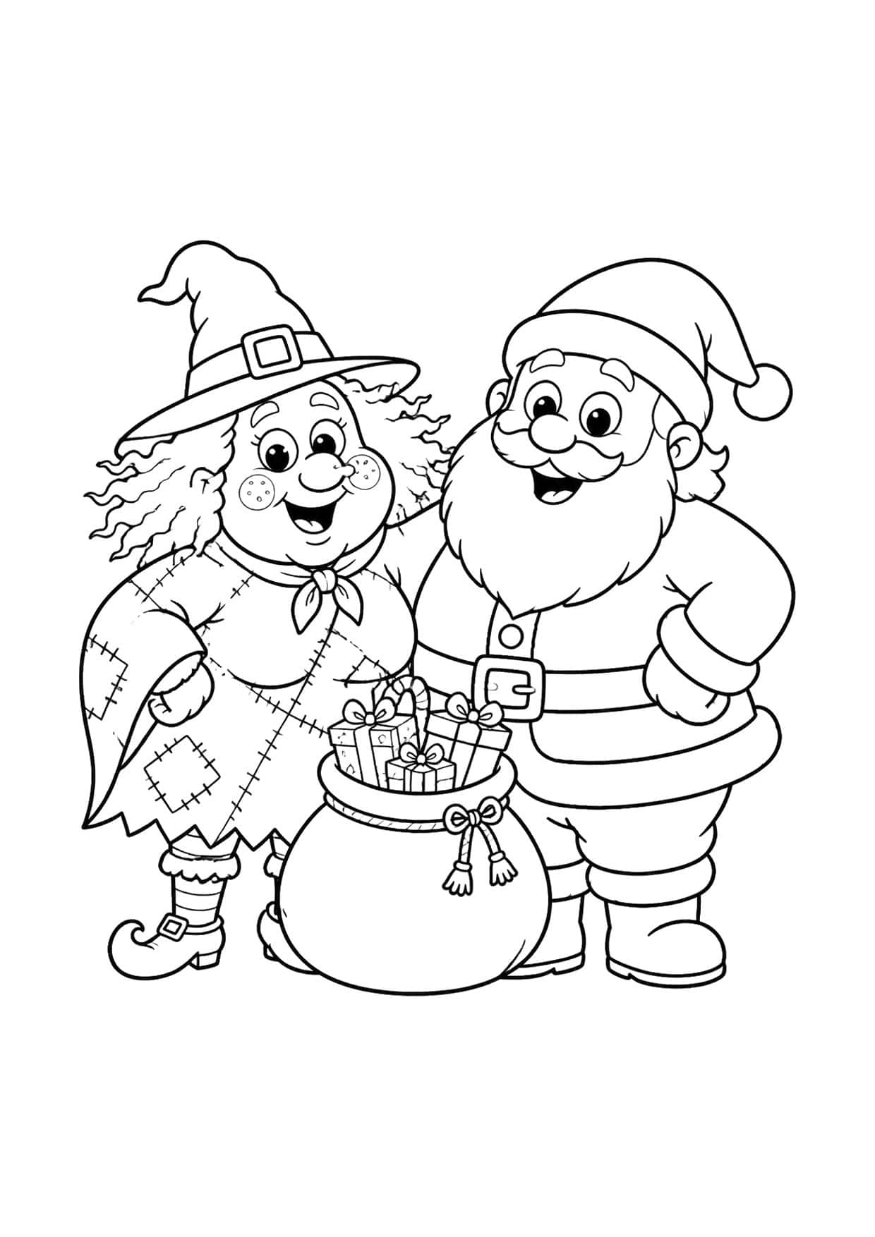 Disegno della Befana da colorare: la Befana e Babbo Natale con il sacco dei regali