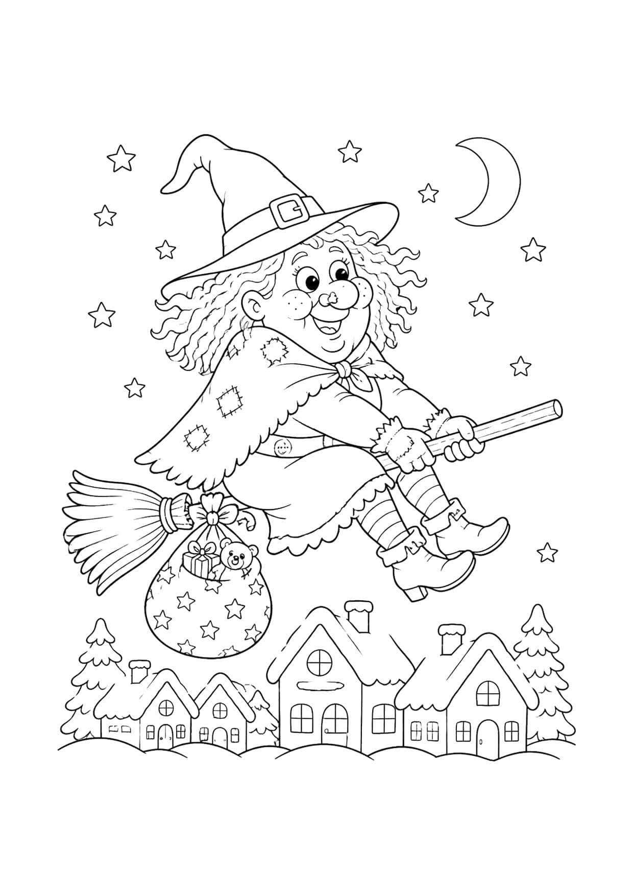 Disegno della Befana da colorare: Befana che vola sulla scopa sopra le case di notte