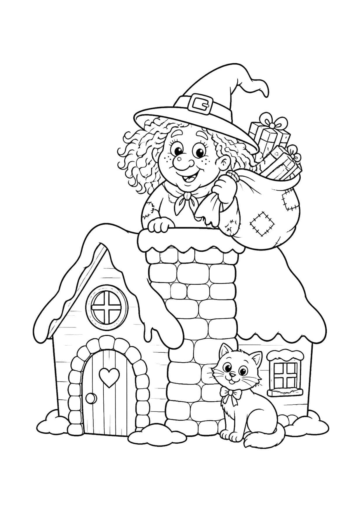 Disegno della Befana da colorare: la Befana che spunta dal camino della casetta con il gatto
