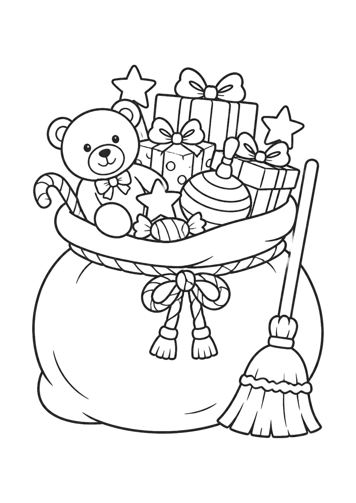 Disegno della Befana da colorare: sacco pieno di regali, giocattoli e dolci con la scopa