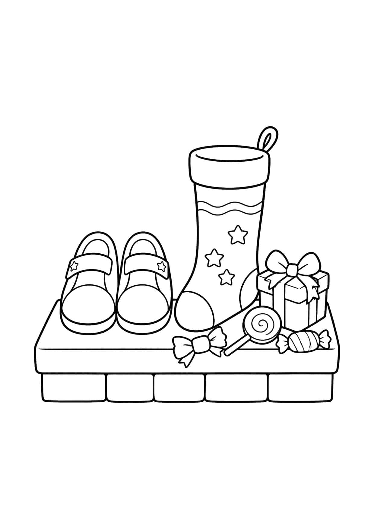 Disegno della Befana da colorare: scarpe, calza e dolcetti sul davanzale