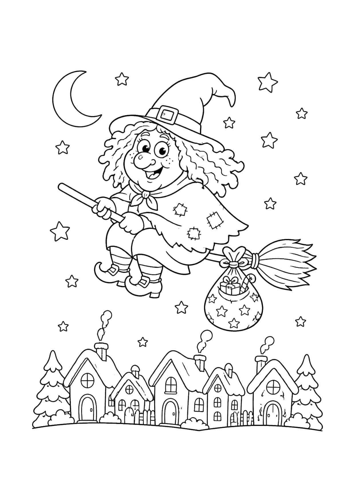 Disegno della Befana da colorare: la Befana in volo sopra i tetti innevati nella notte