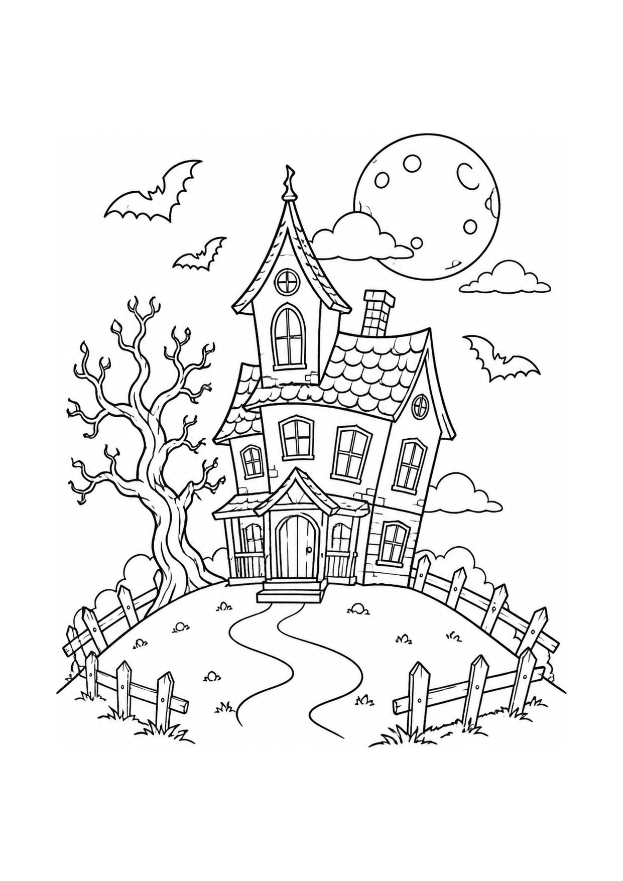 Disegno da colorare di una casa stregata sulla collina con la luna piena e i pipistrelli
