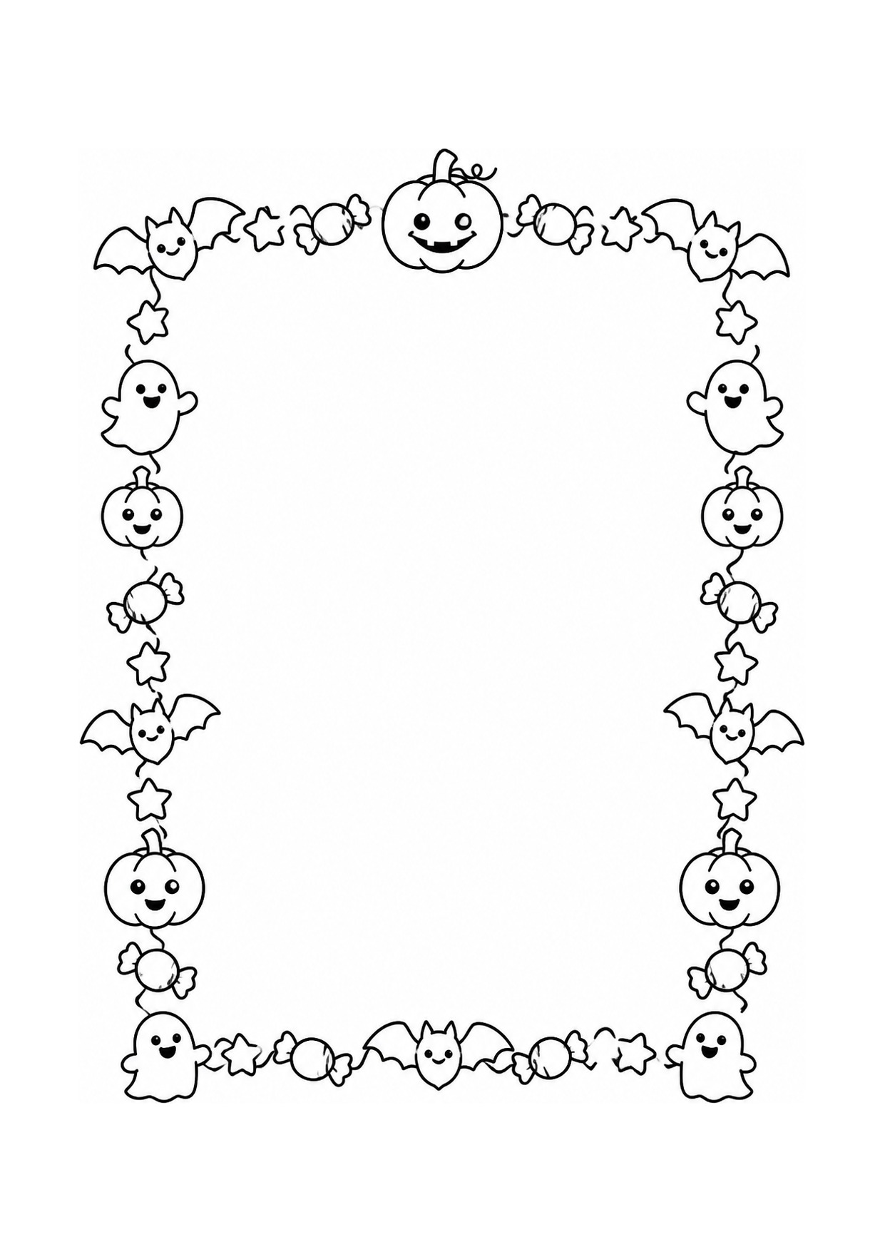 Cornice di Halloween da colorare con zucche, fantasmi e pipistrelli e spazio libero al centro