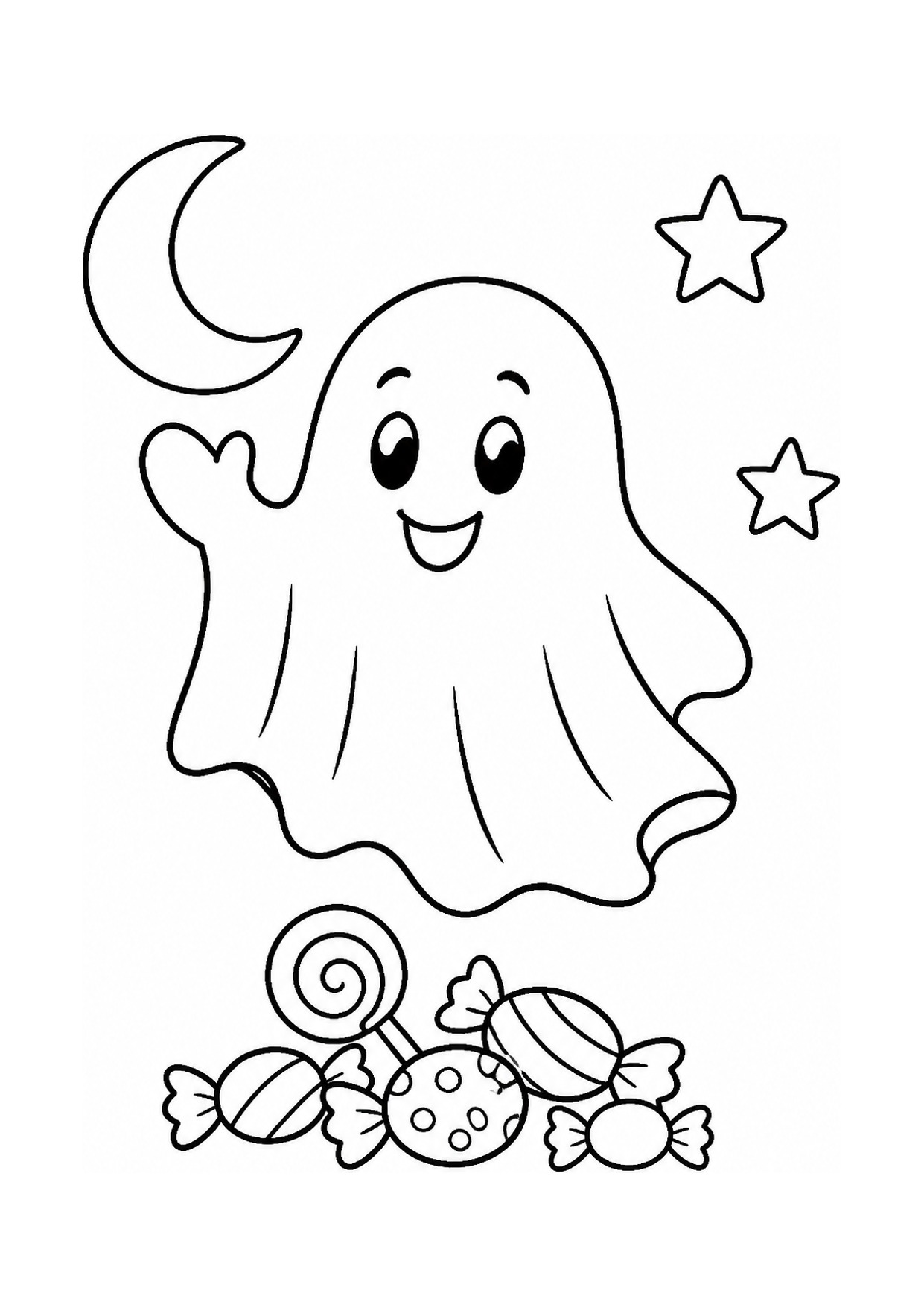 Disegno da colorare di un fantasmino sorridente con luna, stelle e caramelle