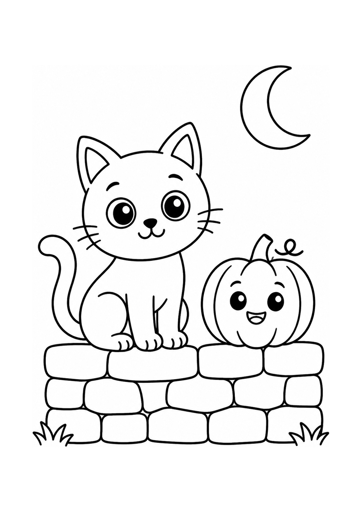 Disegno da colorare di un gatto nero seduto su un muretto con una zucca