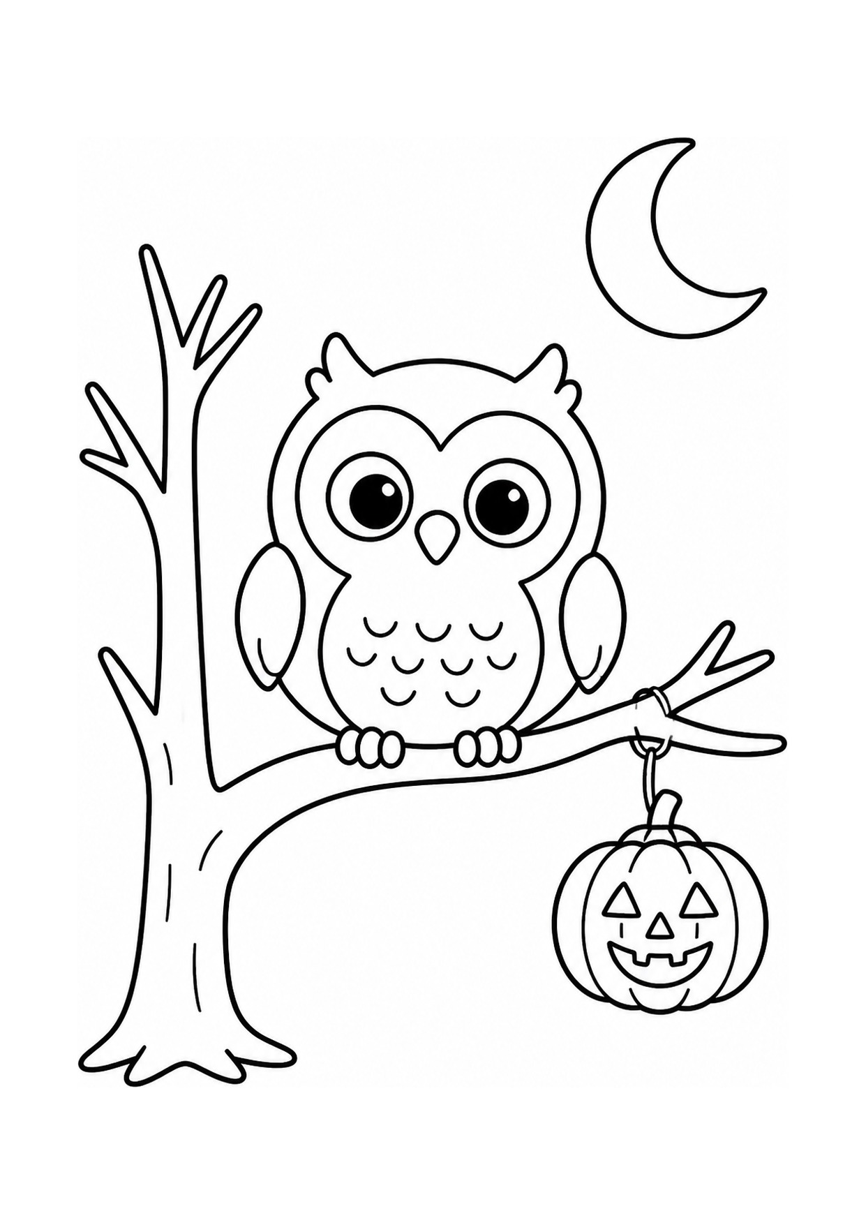 Disegno da colorare di un gufo su un ramo con una lanterna a forma di zucca