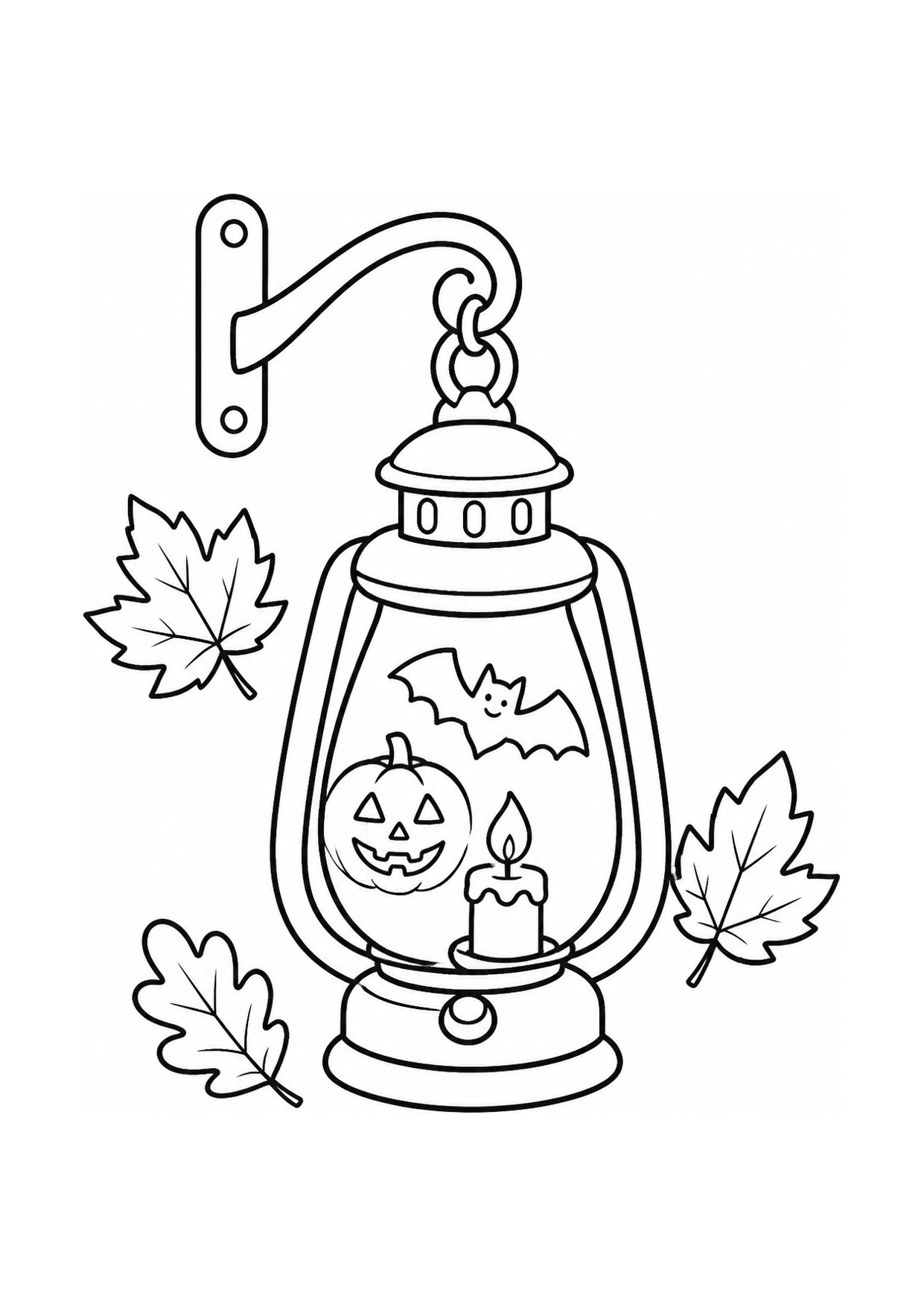 Disegno da colorare di una lanterna di Halloween con candela, zucca e pipistrello