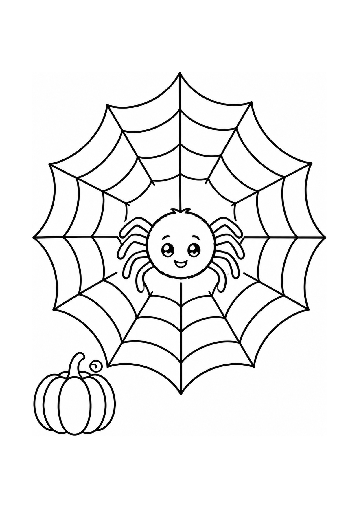 Disegno da colorare di un ragnetto sorridente su una ragnatela