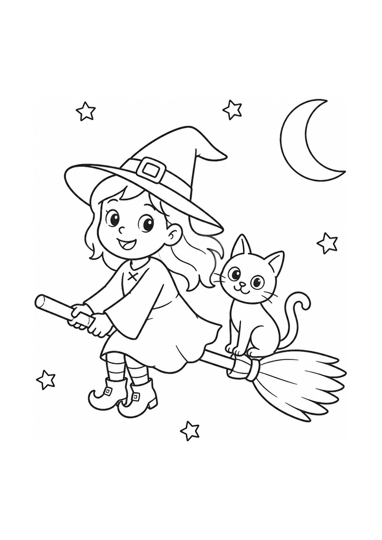 Disegno da colorare di una piccola strega sulla scopa con un gattino