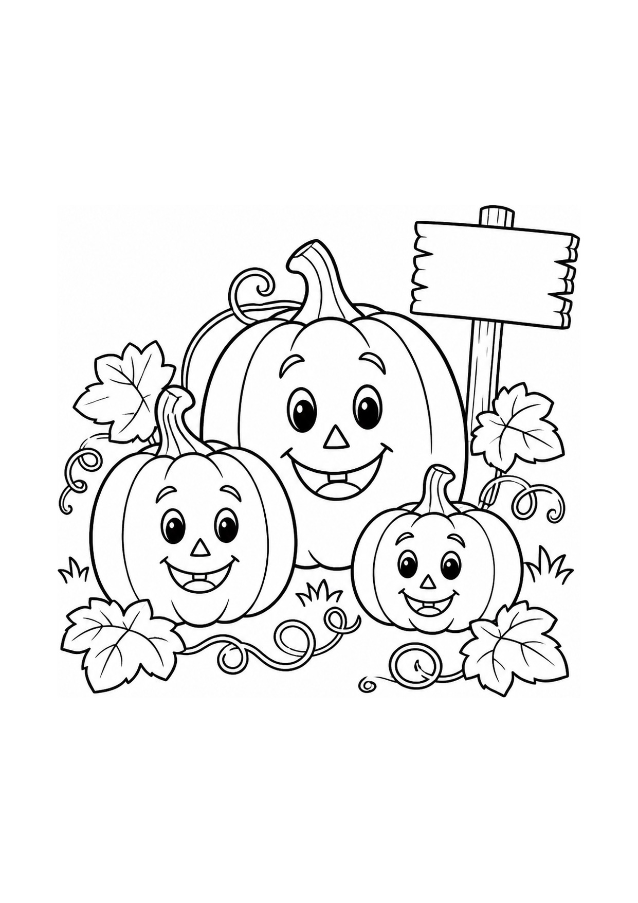 Disegno da colorare di tre zucche di Halloween sorridenti in un campo