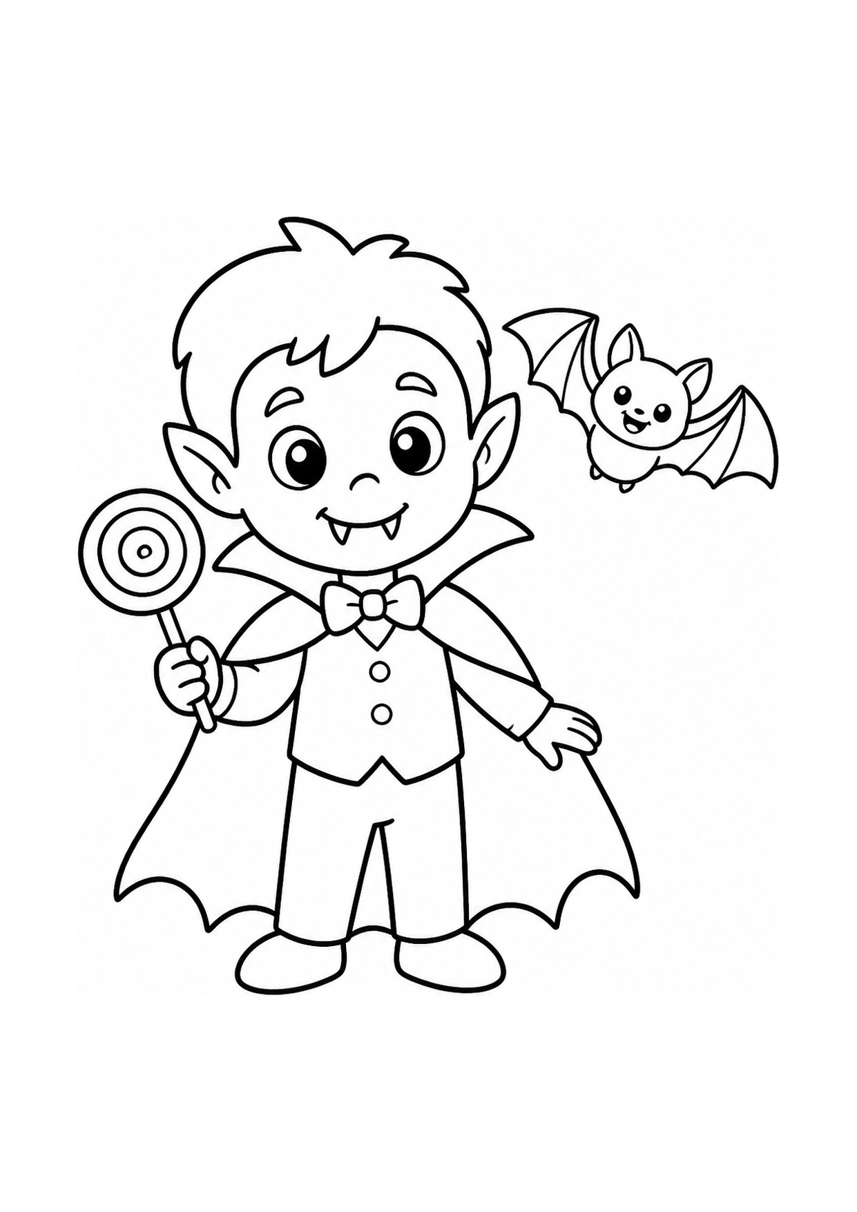 Disegno da colorare di un vampiretto simpatico con mantello e lecca-lecca