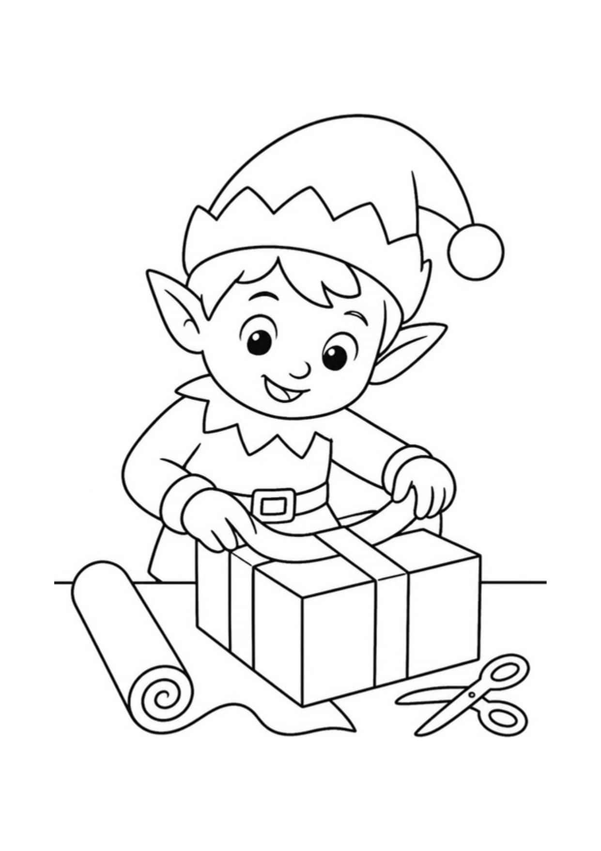 Disegno di Natale da colorare: Elfo che impacchetta un regalo