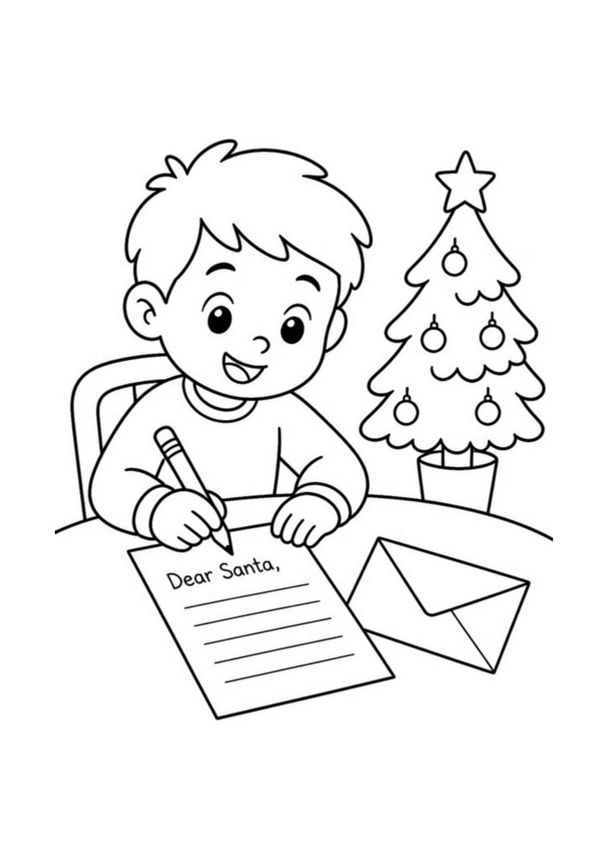 Disegno di Natale da colorare: Bambino che scrive la letterina a Babbo Natale