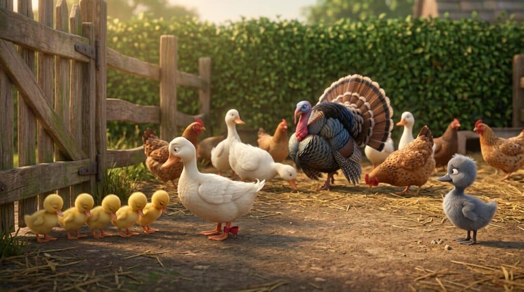 Il cortile della fattoria con anatre, galline e un tacchino a coda aperta, gli anatroccoli gialli in fila e quello grigio in disparte.