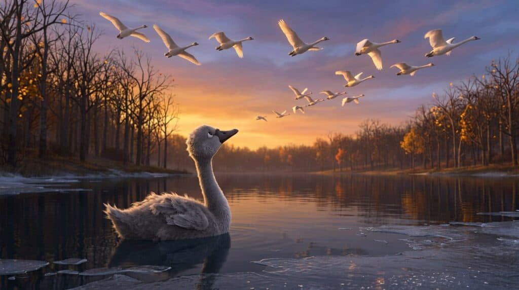 Un piccolo cigno grigio su un lago d'autunno al tramonto, con il ghiaccio ai bordi, guarda uno stormo di cigni bianchi che vola verso i paesi caldi.