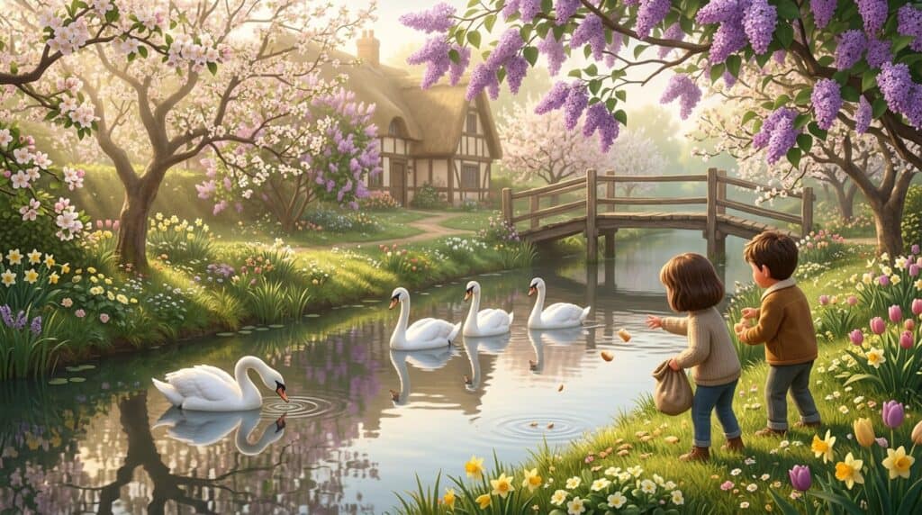 Un giardino in primavera con lillà e meli in fiore, quattro cigni bianchi sul canale e due bambini che gettano pane nell'acqua.