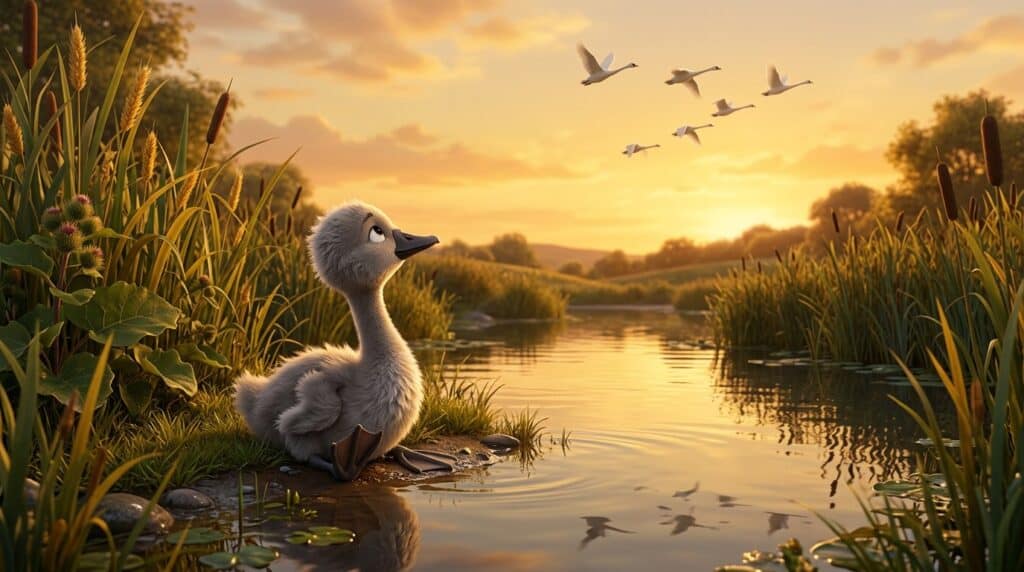 Un piccolo cigno grigio seduto fra le canne in riva a uno stagno guarda uno stormo di cigni bianchi che vola nel cielo al tramonto.
