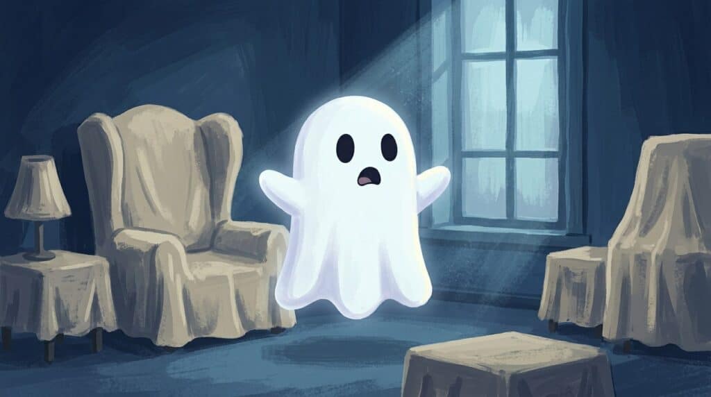 Il fantasma Nino fa «BUUU!» nel salotto vuoto, tra i mobili coperti dai teli