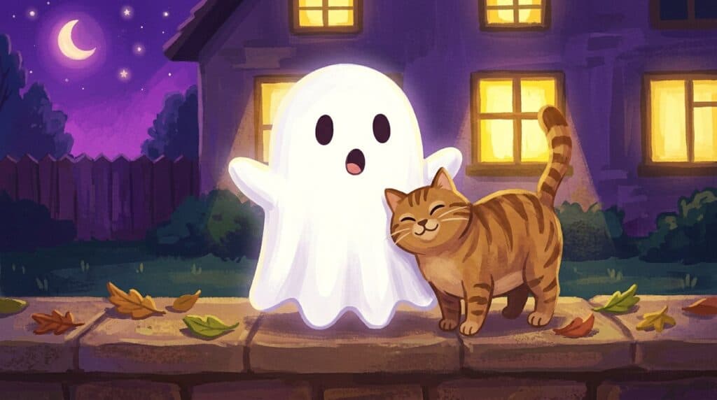 Un gatto tigrato fa le fusa strusciandosi contro il fantasma Nino sul muretto del giardino