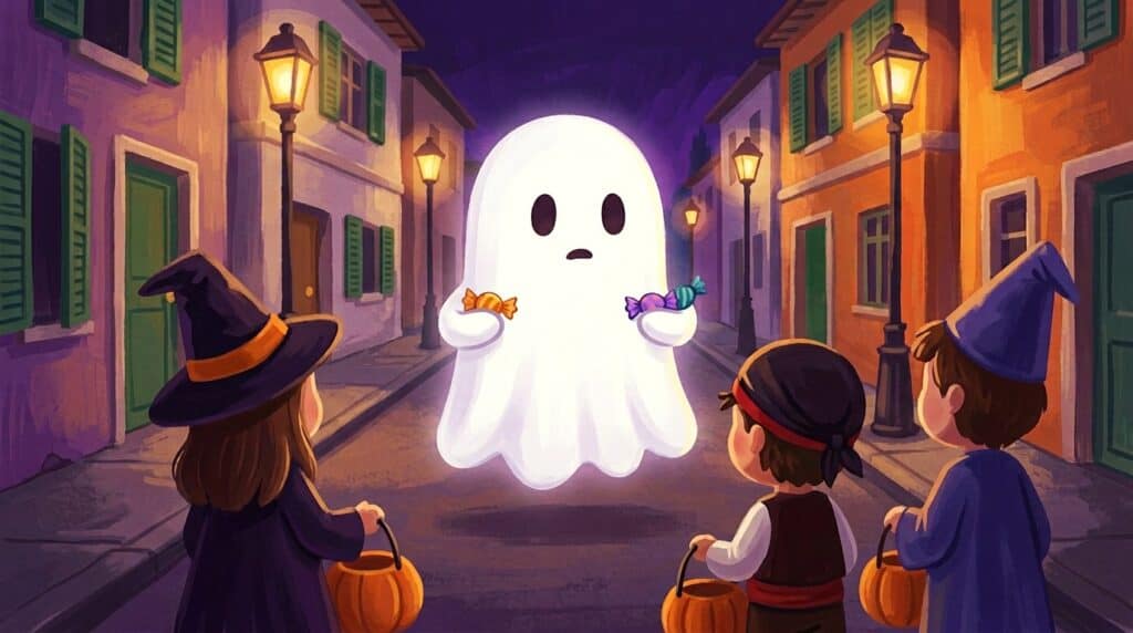 Il fantasma Nino con tre caramelle in mano davanti a tre bambini mascherati per Halloween