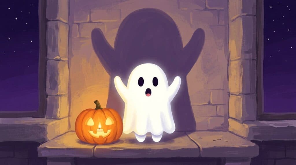 Il fantasma Nino alza le braccia accanto alla zucca accesa e la sua ombra gigante si allunga sul muro
