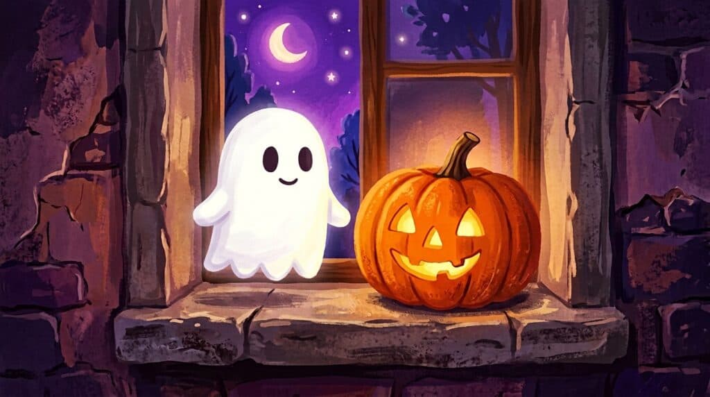 Nino, il piccolo fantasma, sorride accanto a una zucca di Halloween accesa sul davanzale