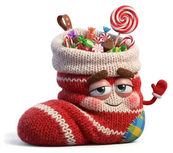 Calza della Befana gigante piena di dolci, disegnata come un personaggio buffo