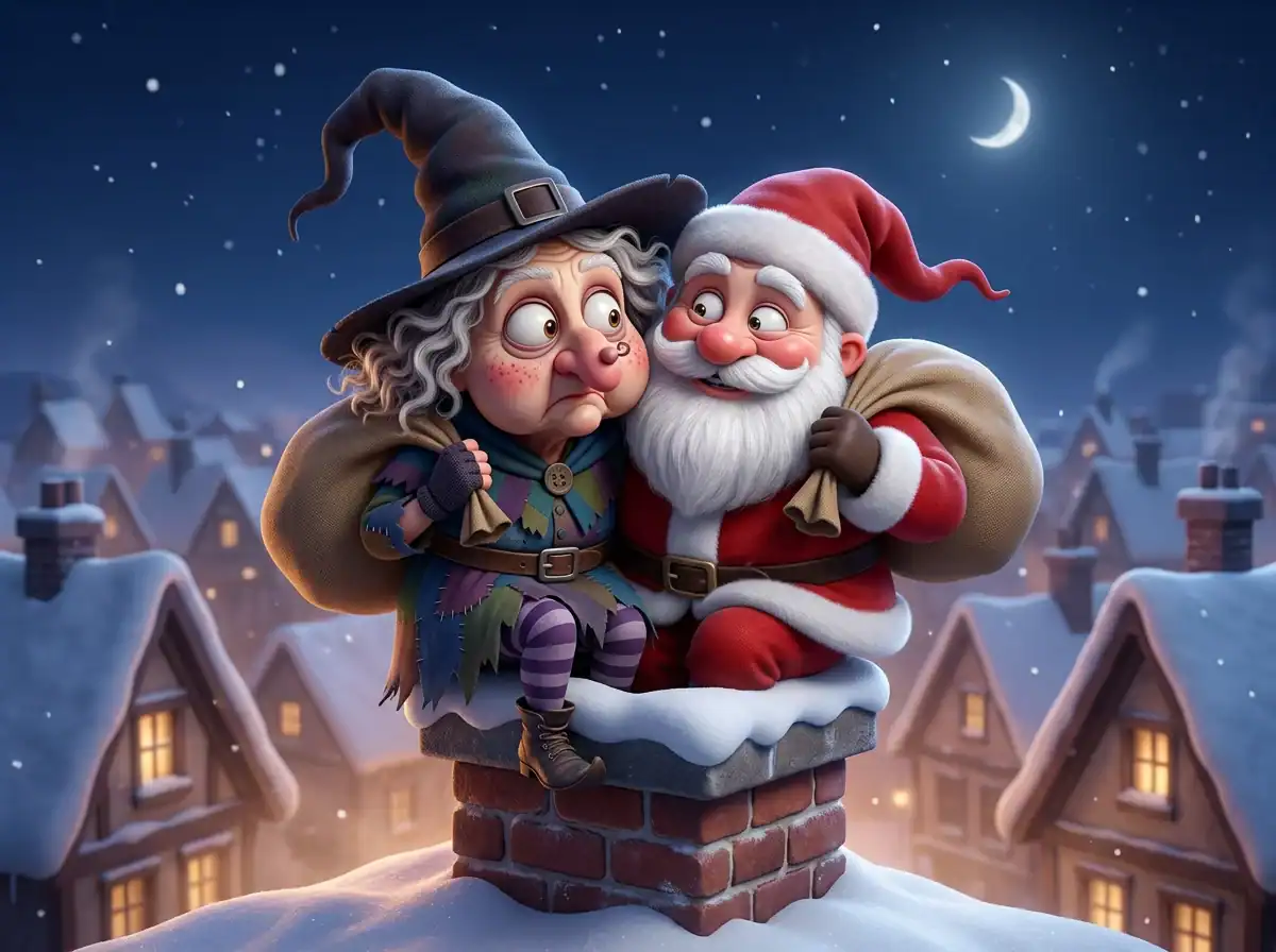 La Befana e Babbo Natale incastrati insieme sullo stesso camino, con un sacco in mano
