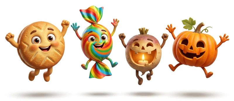Una focaccina delle anime, una caramella, una rapa e una zucca intagliate che saltano insieme