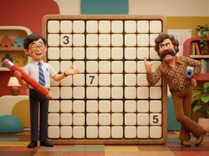 Un redattore giapponese sorridente con una grande matita rossa presenta una griglia di sudoku 9×9 in legno, mentre un architetto americano anni ‘70 con i baffoni e un progetto arrotolato alza il dito offeso, come a rivendicare il gioco.
