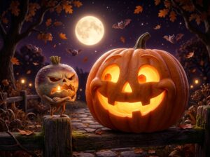 Una rapa intagliata con la candela accesa, offesa e a braccia conserte, accanto a una grande zucca di Halloween che sorride illuminata, sotto la luna piena con i pipistrelli