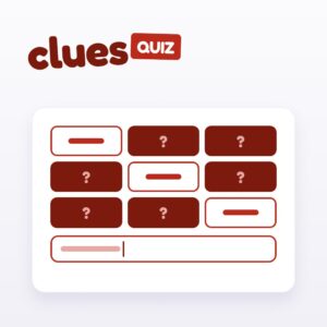 Clues Quiz: a grid of clues, some still hidden, and the answer box