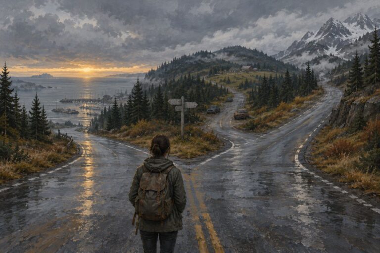 Una donna con lo zaino, di spalle, ferma a un incrocio deserto all'alba: una strada scende al mare e a un porticciolo, una sale fra le colline verso un ranch, una verso le montagne innevate